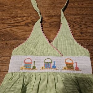 Green Gingham Kids Dress with Embroidered Details